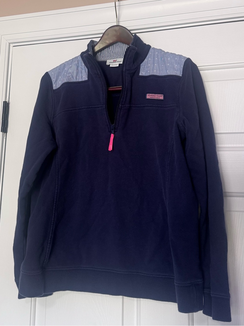 Woman’s Vineyard Vines Navy Blue & Pink Quarter-Zip Pullover Shep Sweater Large